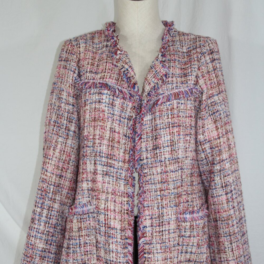 Laundry By Shelli Segal Fringe Pink Tweed Walker Coat Outerwear L Open Blazer - Picture 2 of 9